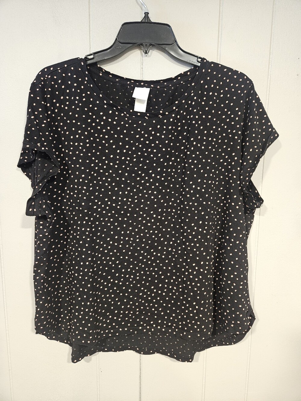 H&M Women’s Size XL Black With Tan Polka Dots Short Sleeve Blouse Top Cotton